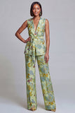 2 Piece Navy Pink Floral V-Neck Women Suits with Belt