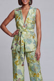 2 Piece Navy Pink Floral V-Neck Women Suits with Belt