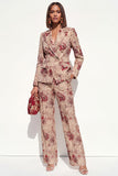 Blush Floral Peak Lapel 2 Piece Double Breasted Women Suits with Pockets