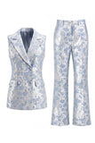 2 Piece Dusty Blue Floral Double Breasted Peak Lapel Women Suits