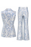 2 Piece Dusty Blue Floral Double Breasted Peak Lapel Women Suits