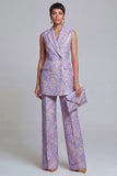 2 Piece Dusty Blue Floral Double Breasted Peak Lapel Women Suits