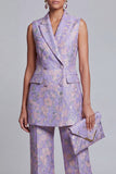 2 Piece Dusty Blue Floral Double Breasted Peak Lapel Women Suits