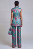 2 Piece Dusty Blue Floral Double Breasted Peak Lapel Women Suits