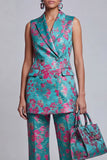2 Piece Dusty Blue Floral Double Breasted Peak Lapel Women Suits