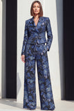 Peak Lapel 2 Piece Black Silver Floral Women Suits with Pockets