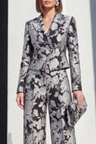 Peak Lapel 2 Piece Black Silver Floral Women Suits with Pockets