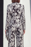 Peak Lapel 2 Piece Black Silver Floral Women Suits with Pockets