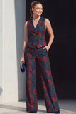 Navy Floral Double Breasted 2 Piece Women Suits with Pockets