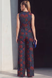 Navy Floral Double Breasted 2 Piece Women Suits with Pockets