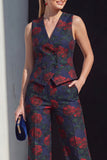 Navy Floral Double Breasted 2 Piece Women Suits with Pockets