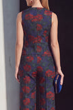 Navy Floral Double Breasted 2 Piece Women Suits with Pockets