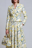 2 Piece Ivory Yellow Flower Peak Lapel Women's Skirt Suits with Pockets