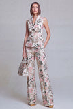 Grey Blue Jacquard Floral 2 Piece Peak Lapel Women's Suits