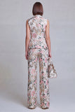 Grey Blue Jacquard Floral 2 Piece Peak Lapel Women's Suits
