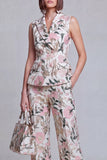 Grey Blue Jacquard Floral 2 Piece Peak Lapel Women's Suits