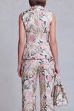 Grey Blue Jacquard Floral 2 Piece Peak Lapel Women's Suits