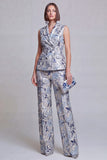 Grey Blue Jacquard Floral 2 Piece Peak Lapel Women's Suits