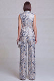 Grey Blue Jacquard Floral 2 Piece Peak Lapel Women's Suits