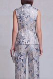 Grey Blue Jacquard Floral 2 Piece Peak Lapel Women's Suits