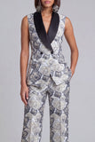 Blue 2 Piece Shawl Lapel Floral Double Breasted Women's Suits with Pockets