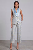 Blue 2 Piece Shawl Lapel Floral Double Breasted Women's Suits with Pockets