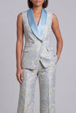 Blue 2 Piece Shawl Lapel Floral Double Breasted Women's Suits with Pockets