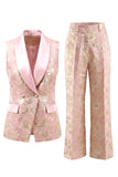 Floral Pink 2 Piece Shawl Lapel Double Breasted Prom Suits with Pockets