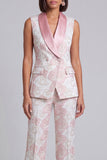 Blue 2 Piece Shawl Lapel Floral Double Breasted Women's Suits with Pockets