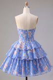 A-Line Yellow Strapless Corset Floral Tiered Homecoming Dress