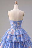 A-Line Yellow Strapless Corset Floral Tiered Homecoming Dress