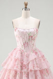 A-Line Yellow Strapless Corset Floral Tiered Homecoming Dress