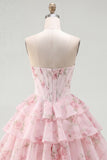 A-Line Yellow Strapless Corset Floral Tiered Homecoming Dress