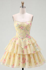 A-Line Yellow Strapless Corset Floral Tiered Homecoming Dress