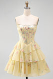 A-Line Yellow Strapless Corset Floral Tiered Homecoming Dress
