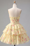 A-Line Yellow Strapless Corset Floral Tiered Homecoming Dress