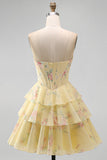 A-Line Yellow Strapless Corset Floral Tiered Homecoming Dress