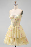 A-Line Yellow Strapless Corset Floral Tiered Homecoming Dress