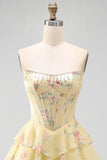 A-Line Yellow Strapless Corset Floral Tiered Homecoming Dress