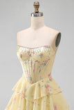 A-Line Yellow Strapless Corset Floral Tiered Homecoming Dress