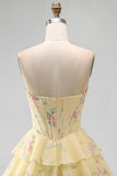 A-Line Yellow Strapless Corset Floral Tiered Homecoming Dress