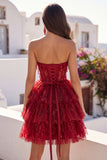 A-Line Burgundy Sweetheart Corset Tiered Sequins Homecoming Dress