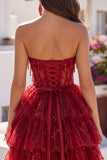 A-Line Burgundy Sweetheart Corset Tiered Sequins Homecoming Dress
