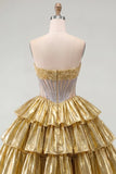 Golden A-Line Strapless Sheer Corset Tiered Homecoming Dress with Beading