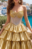 Golden A-Line Strapless Sheer Corset Tiered Homecoming Dress with Beading