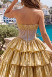 Golden A-Line Strapless Sheer Corset Tiered Homecoming Dress with Beading