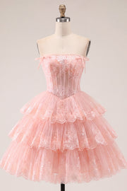 Tulle A-Line Blush Strapless Floral Corset Tiered Homecoming Dress