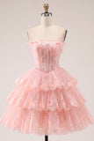 Tulle A-Line Blush Strapless Floral Corset Tiered Homecoming Dress