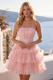 Tulle A-Line Blush Strapless Floral Corset Tiered Homecoming Dress