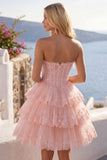 Tulle A-Line Blush Strapless Floral Corset Tiered Homecoming Dress